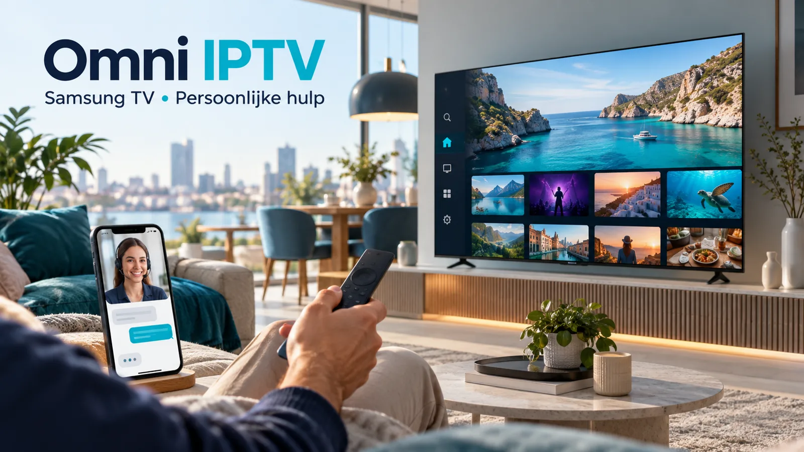 Omni IPTV illustratie met Samsung-achtige smart-tv, afstandsbediening en persoonlijke hulp via chat