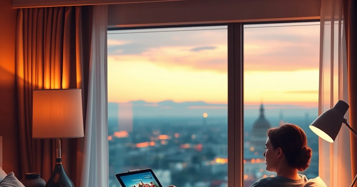 Reiziger die in een hotelkamer op een tablet streamt, met een koffer en paspoort op tafel als symbool voor IPTV gebruiken in het buitenland.