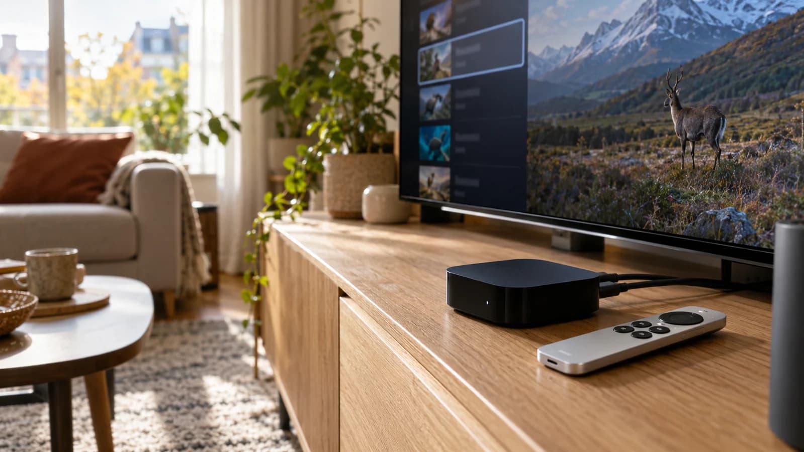 Een zwarte streamingbox en zilveren afstandsbediening bij een televisie met een programmagids