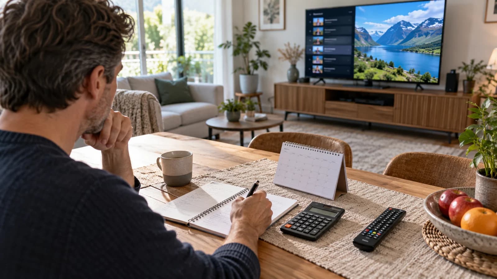 Een kijker vergelijkt zijn budget met een kalender, calculator en afstandsbediening bij de televisie