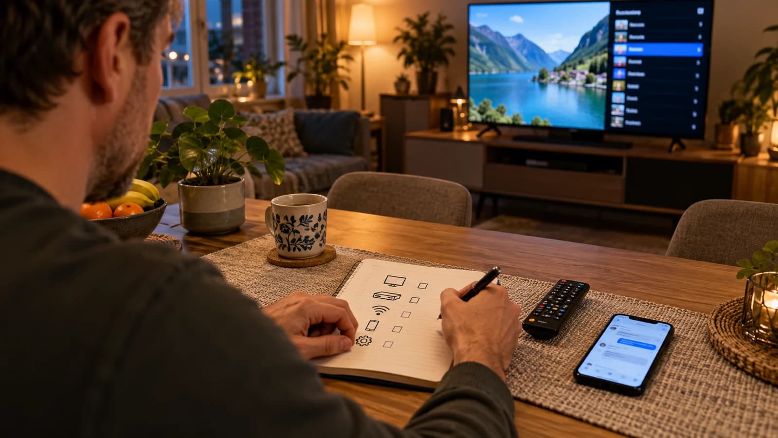Een kijker maakt een apparaatchecklist met afstandsbediening en telefoon naast een televisie