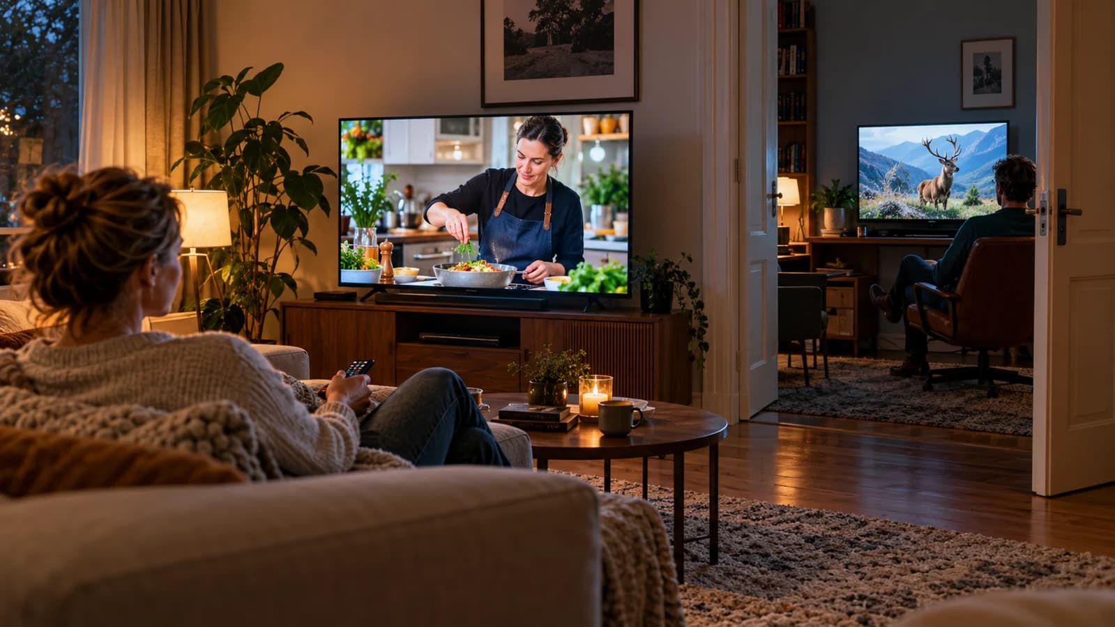 Twee kijkers volgen verschillende programma's op televisies in twee kamers van hetzelfde huis